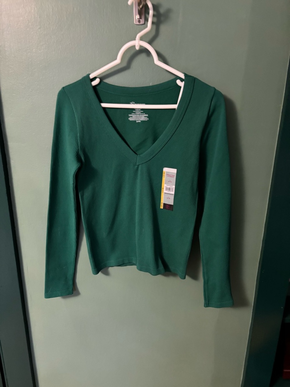 No Boundaries Deep V Ribbed Long Sleeve Top in Emerald